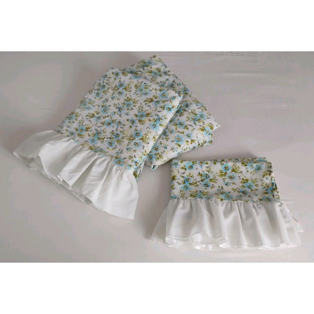 VTG Pequot No Iron Percale Double Bed Sheet Set Cottage Floral Ruffled EUC 4 Pc